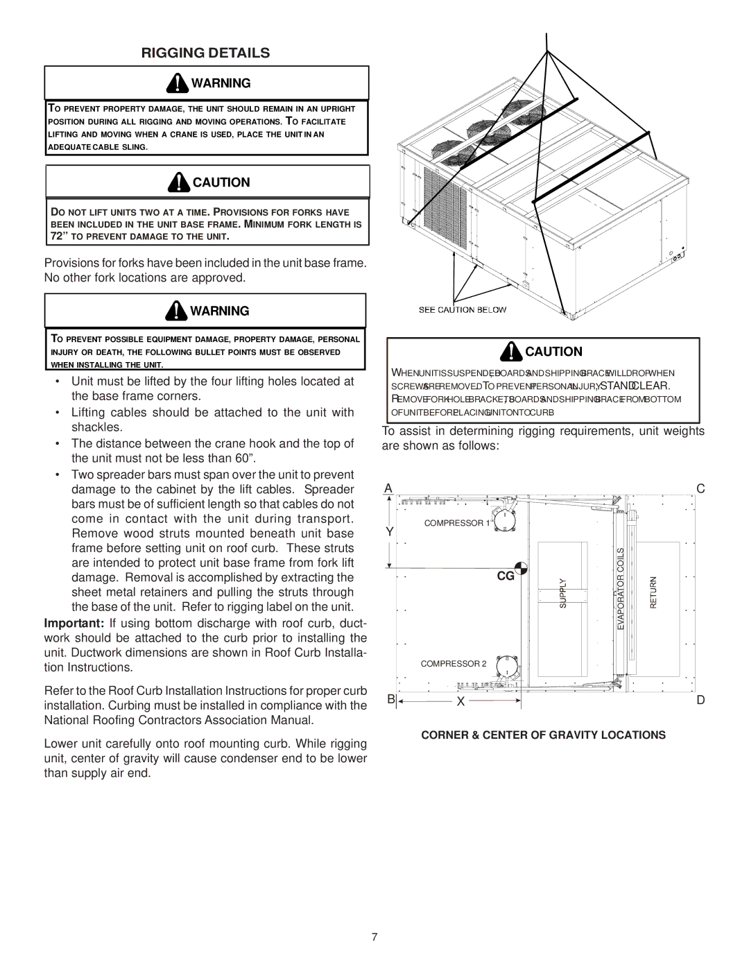 Goodman Mfg IO-367B installation instructions Rigging Details, Two spreader bars must span over the unit to prevent 