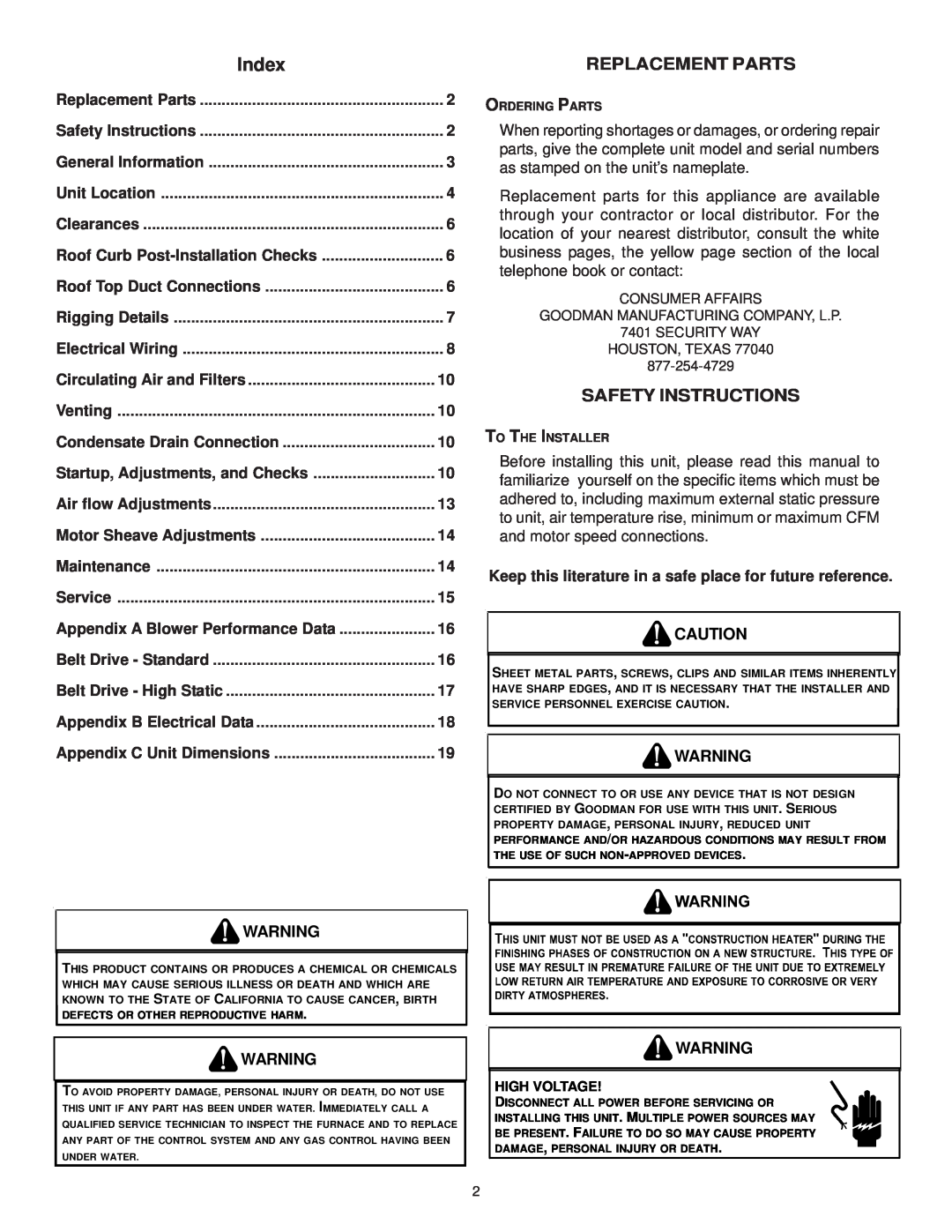 Goodman Mfg IO-367B installation instructions Index, Replacement Parts, Safety Instructions 