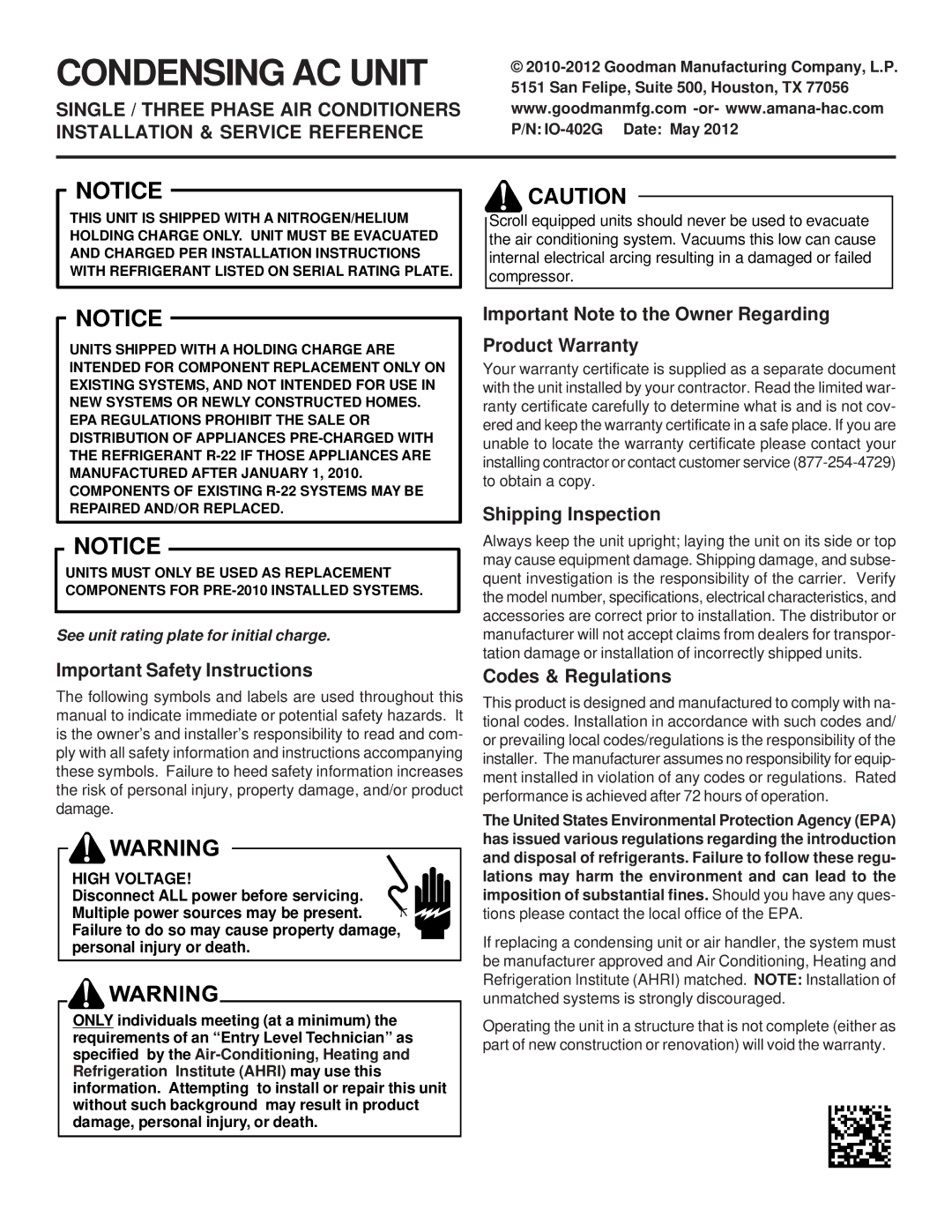 Goodman Mfg CONDENSING AC UNIT SINGLE / THREE PHASE AIR CONDITIONERS important safety instructions Shipping Inspection 