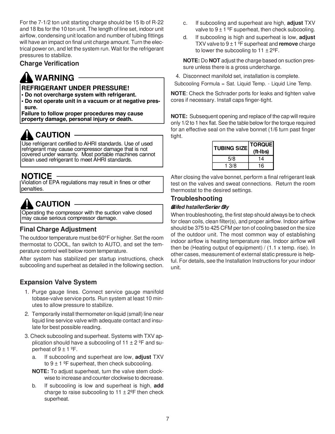 Goodman Mfg CONDENSING AC UNIT SINGLE / THREE PHASE AIR CONDITIONERS, IO-402G Troubleshooting, Ft-lbs 