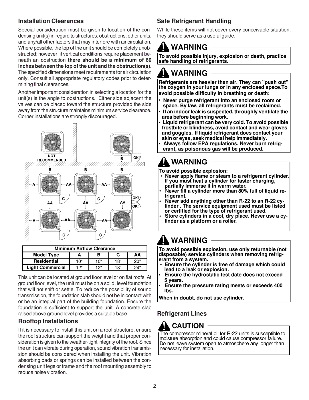 Goodman Mfg IO-402G Installation Clearances, Safe Refrigerant Handling, Rooftop Installations, Refrigerant Lines 