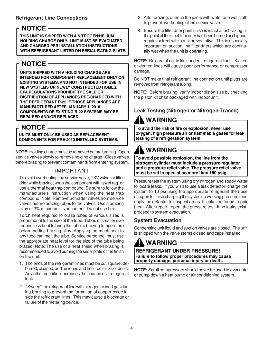 Goodman Mfg IO-402G Refrigerant Line Connections, Leak Testing Nitrogen or Nitrogen-Traced, System Evacuation 