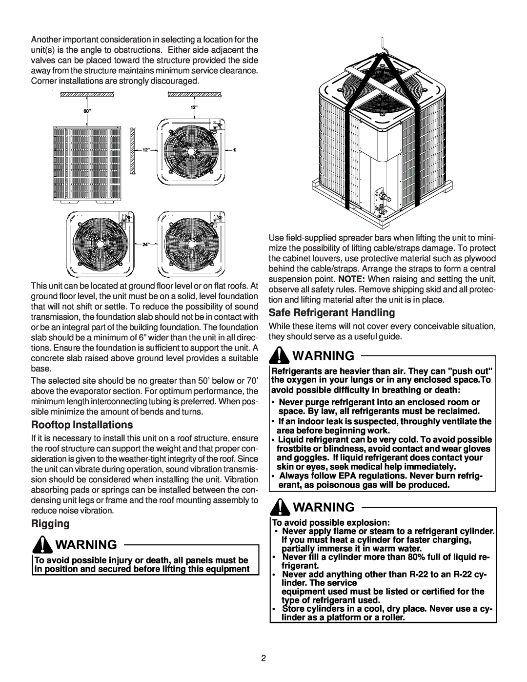 Goodman Mfg IO-402G important safety instructions Rigging, Rooftop Installations, Safe Refrigerant Handling 