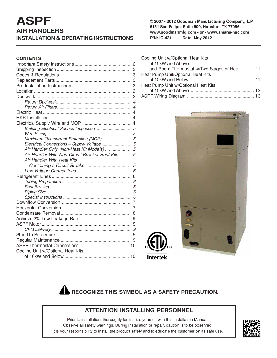 Goodman Mfg ASPF Air Handlers, IO-431 operating instructions Aspf 