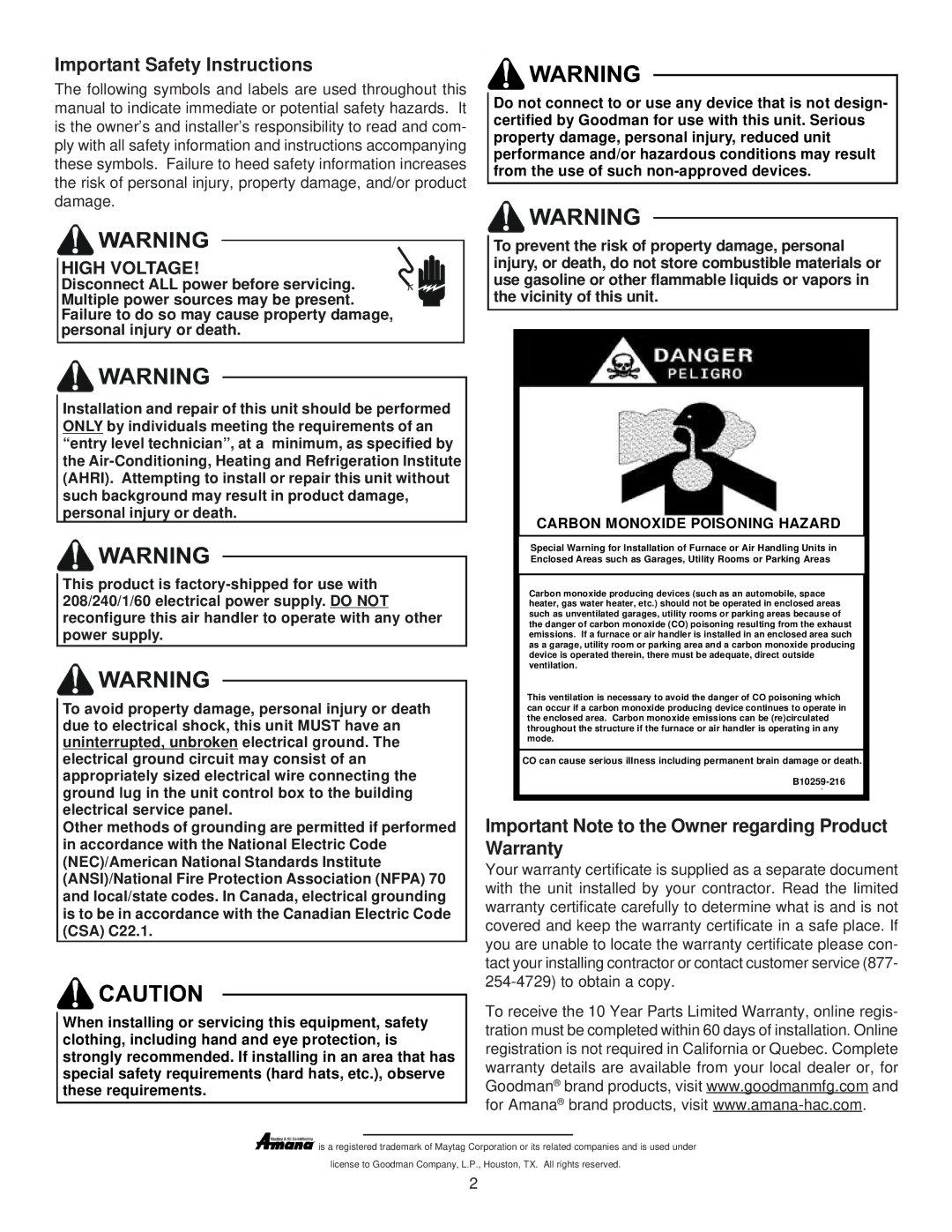 Goodman Mfg IO-431 Important Safety Instructions, Important Note to the Owner regarding Product Warranty 