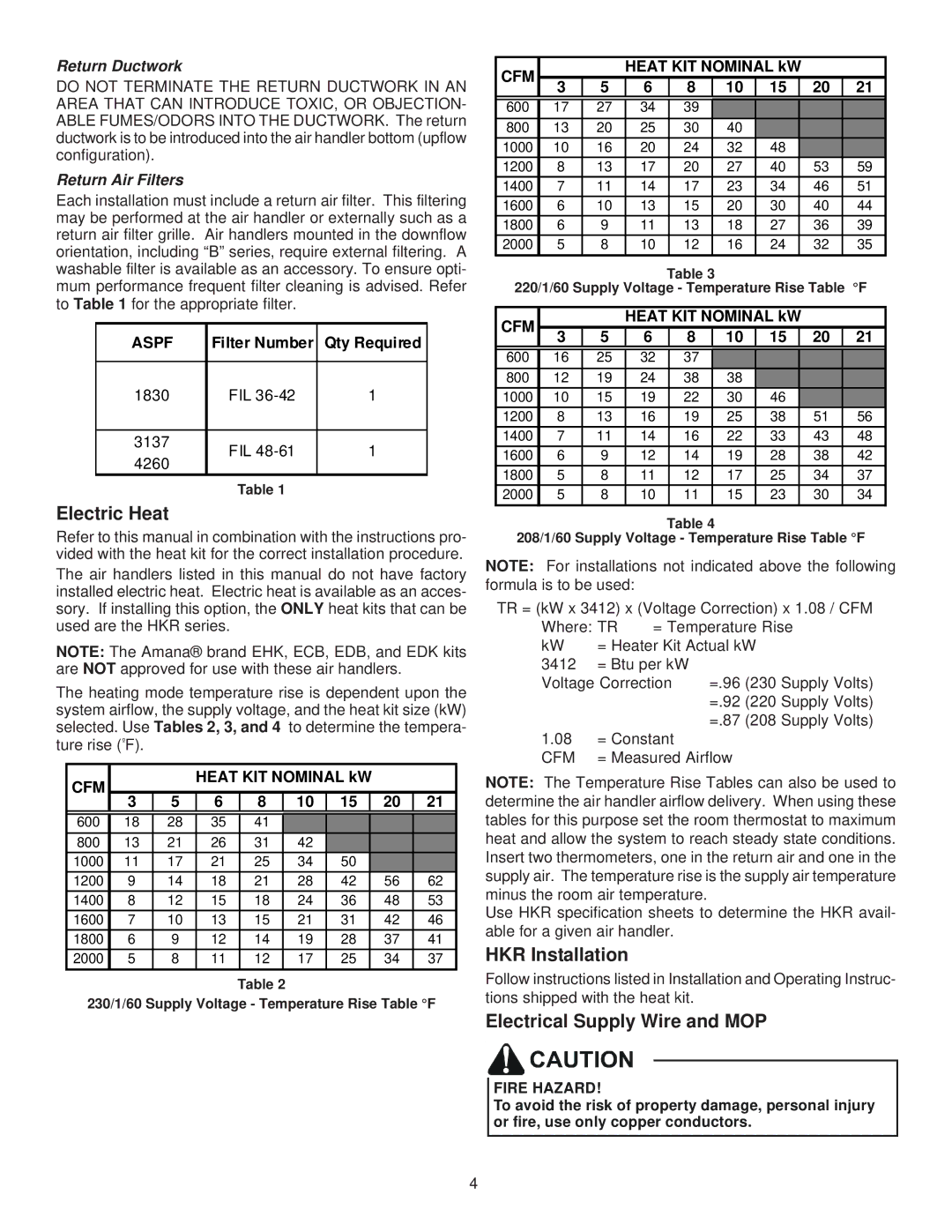 Goodman Mfg IO-431, ASPF Air Handlers operating instructions Electric Heat, HKR Installation, Electrical Supply Wire and MOP 