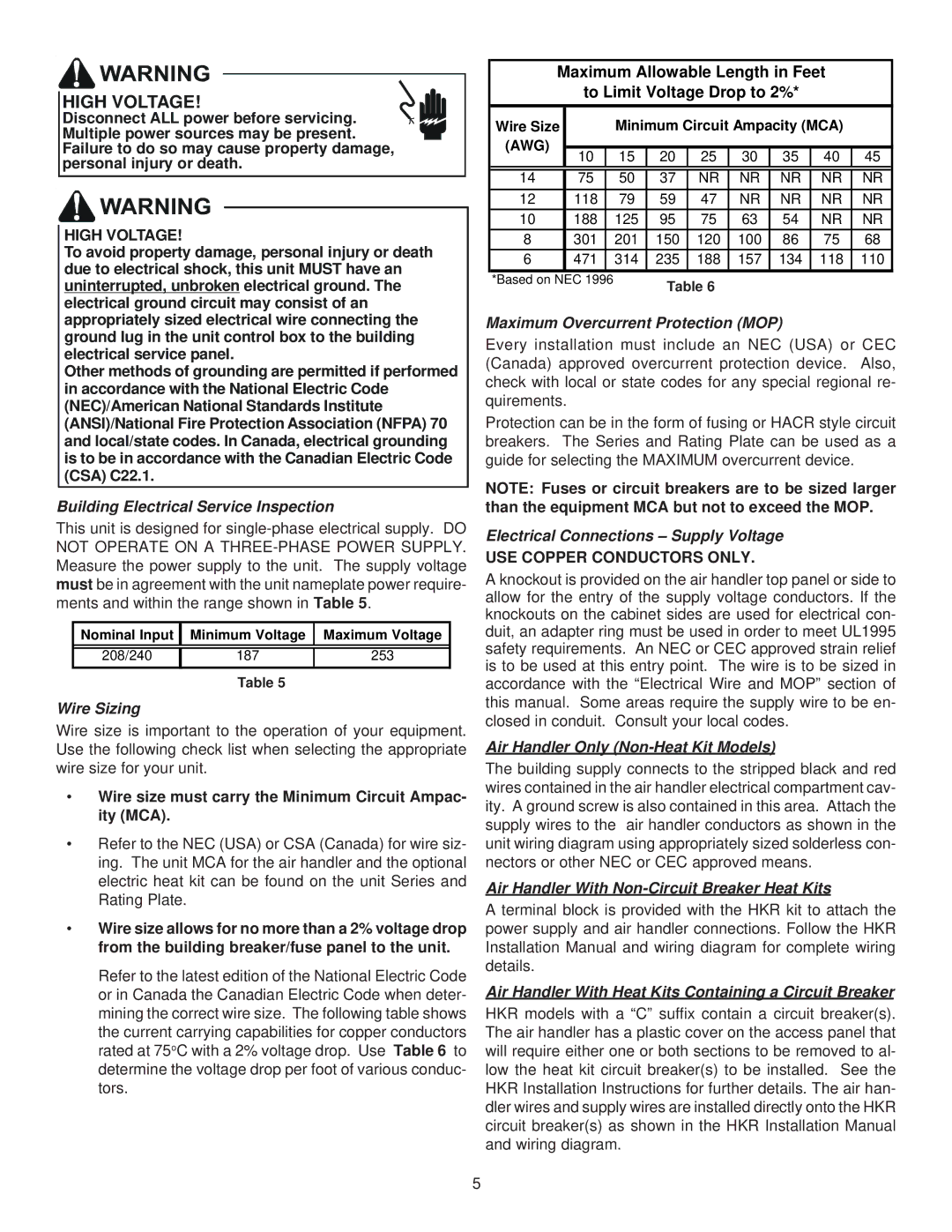 Goodman Mfg ASPF Air Handlers, IO-431 operating instructions Maximum Allowable Length in Feet To Limit Voltage Drop to 2% 