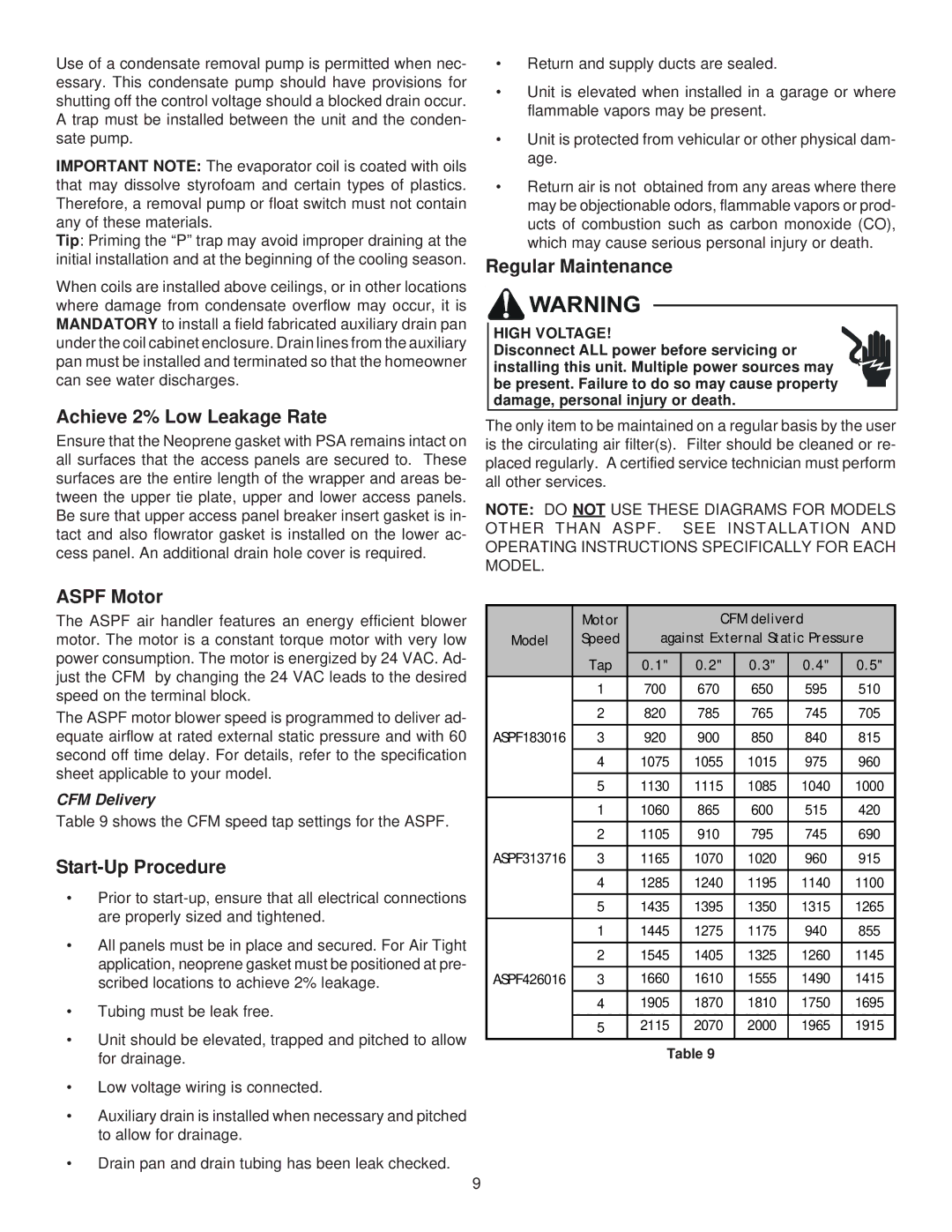 Goodman Mfg ASPF Air Handlers, IO-431 Achieve 2% Low Leakage Rate, Regular Maintenance, Aspf Motor, Start-Up Procedure 