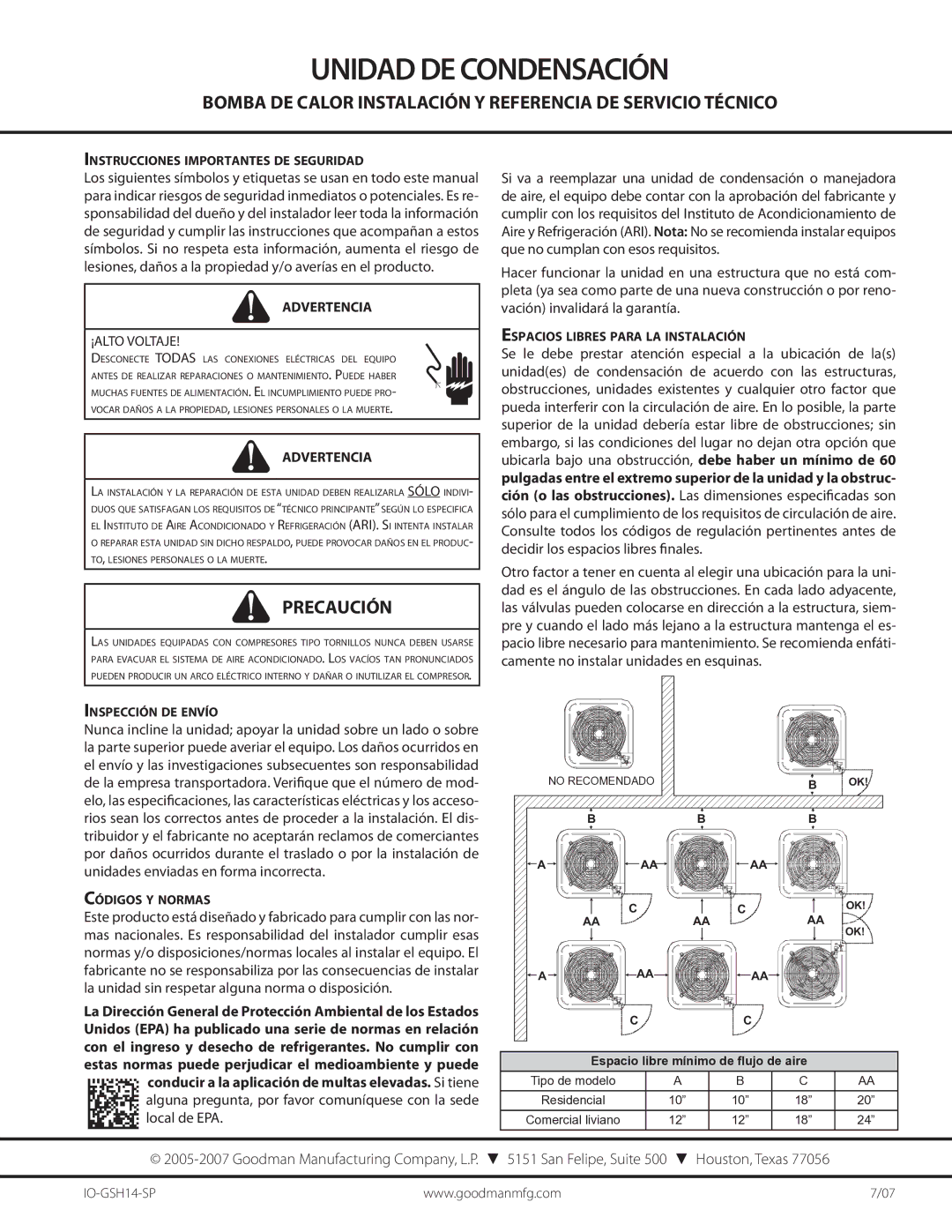 Goodman Mfg IO-GSH14-SP manual Bomba DE Calor Instalación Y Referencia DE Servicio Técnico, Precaución, Advertencia 