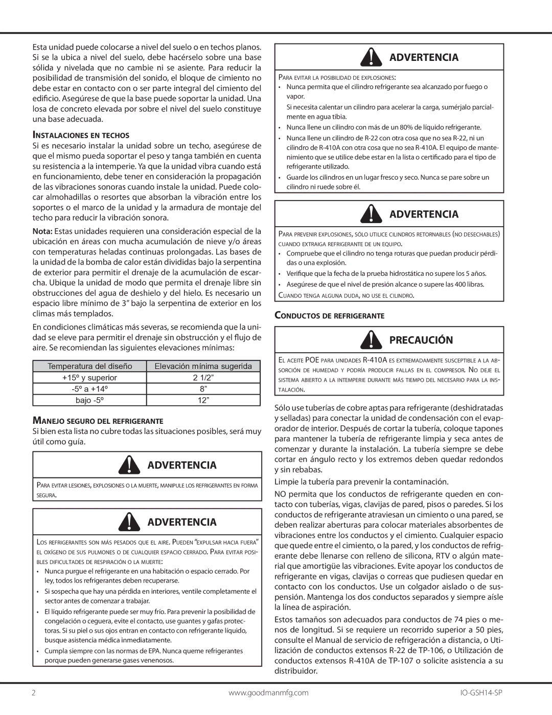 Goodman Mfg IO-GSH14-SP manual Advertencia, Limpie la tubería para prevenir la contaminación, Instalaciones EN Techos 