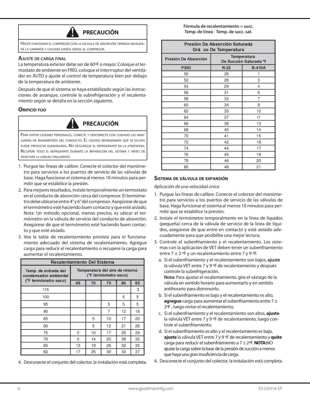 Goodman Mfg IO-GSH14-SP manual Aplicación de una velocidad única, Ajuste DE Carga Final, Orificio Fijo, Psig 