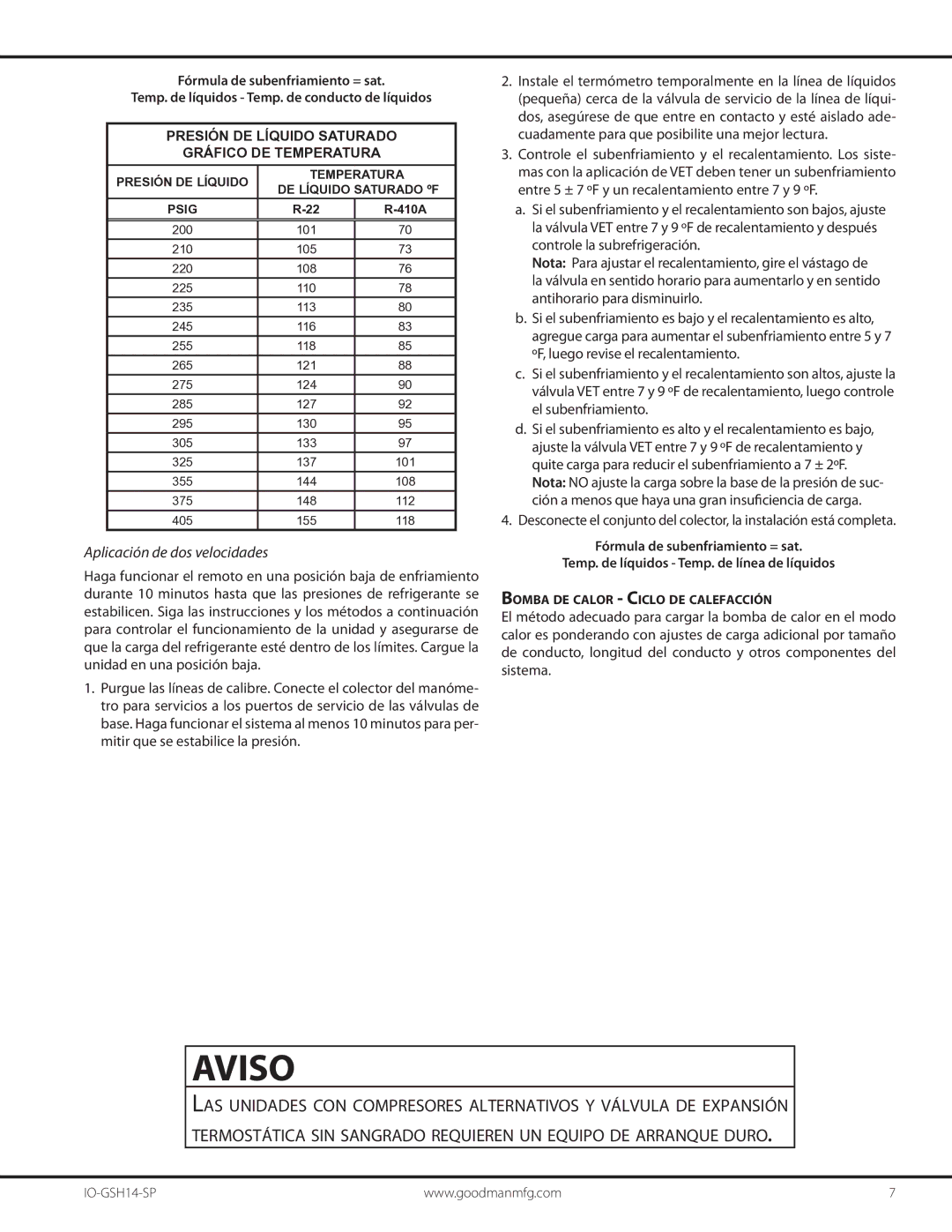 Goodman Mfg IO-GSH14-SP manual Aplicación de dos velocidades, Presión DE Líquido Saturado Gráfico DE Temperatura 