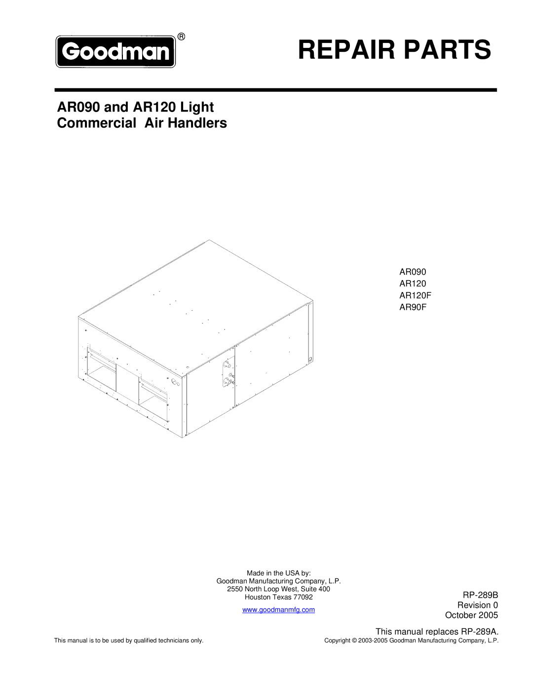 Goodman Mfg AR090, AR90F, AR120F, Light Commercial Air Handlers manual Repair Parts 