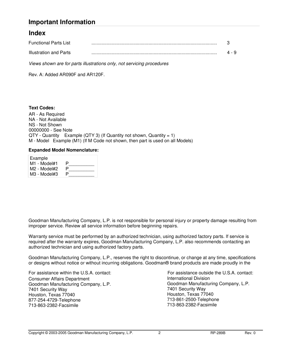 Goodman Mfg AR90F, AR090, AR120F manual Text Codes, Expanded Model Nomenclature, International Division 