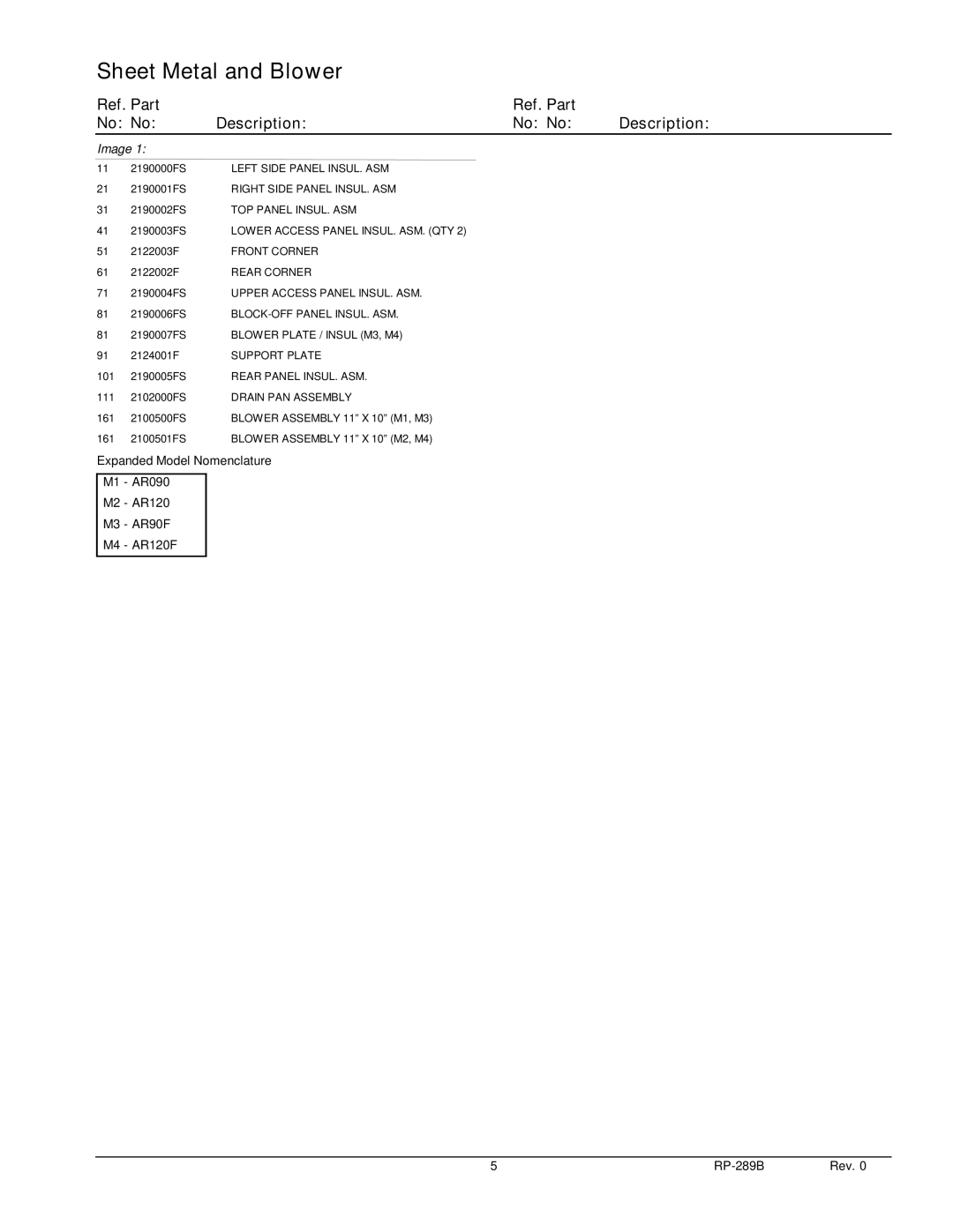 Goodman Mfg AR90F, AR090, AR120F, Light Commercial Air Handlers manual Ref. Part No No Description, Image 