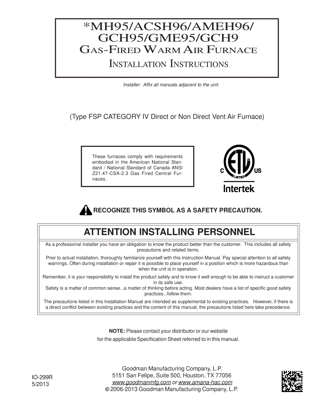 Goodman Mfg GAS-FIRED WARM AIR FURNACE, MH95/ACSH96/AMEH96/ GCH95/GME95/GCH9 installation instructions 