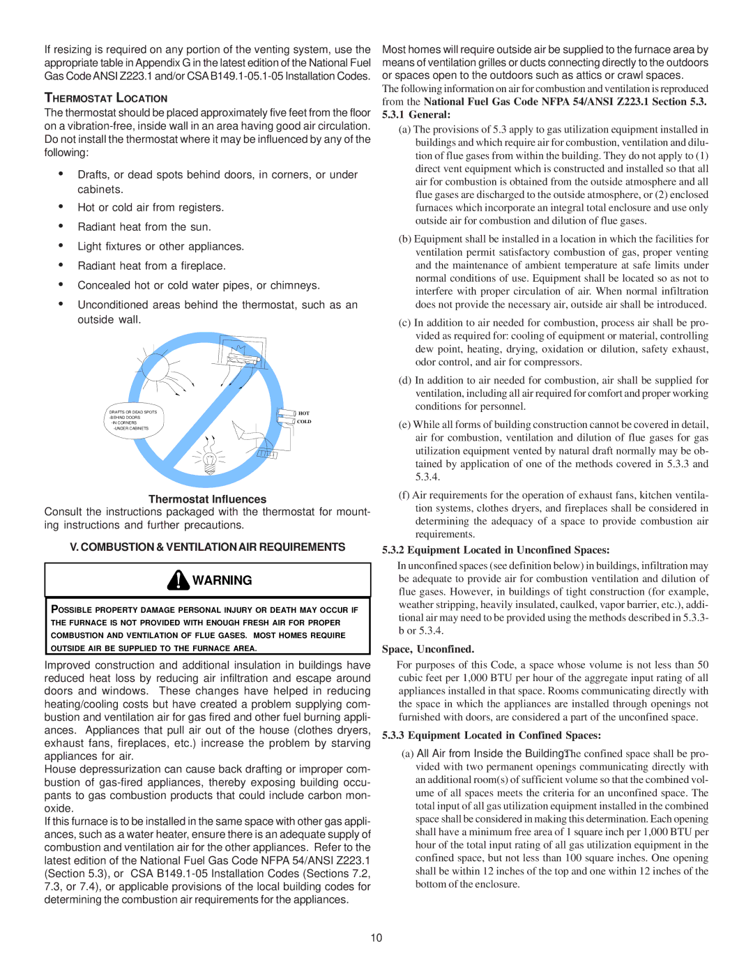 Goodman Mfg MH95/ACSH96/AMEH96/ GCH95/GME95/GCH9 Thermostat Influences, Combustion & Ventilation AIR Requirements 