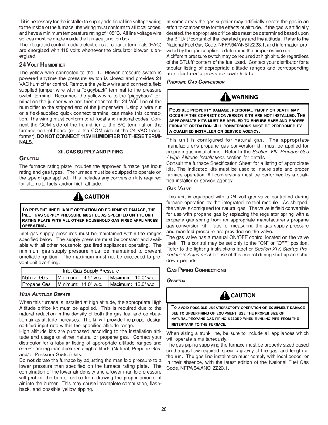 Goodman Mfg MH95/ACSH96/AMEH96/ GCH95/GME95/GCH9 Nals XII. GAS Supply and Piping, Volt Humidifier, GAS Piping Connections 