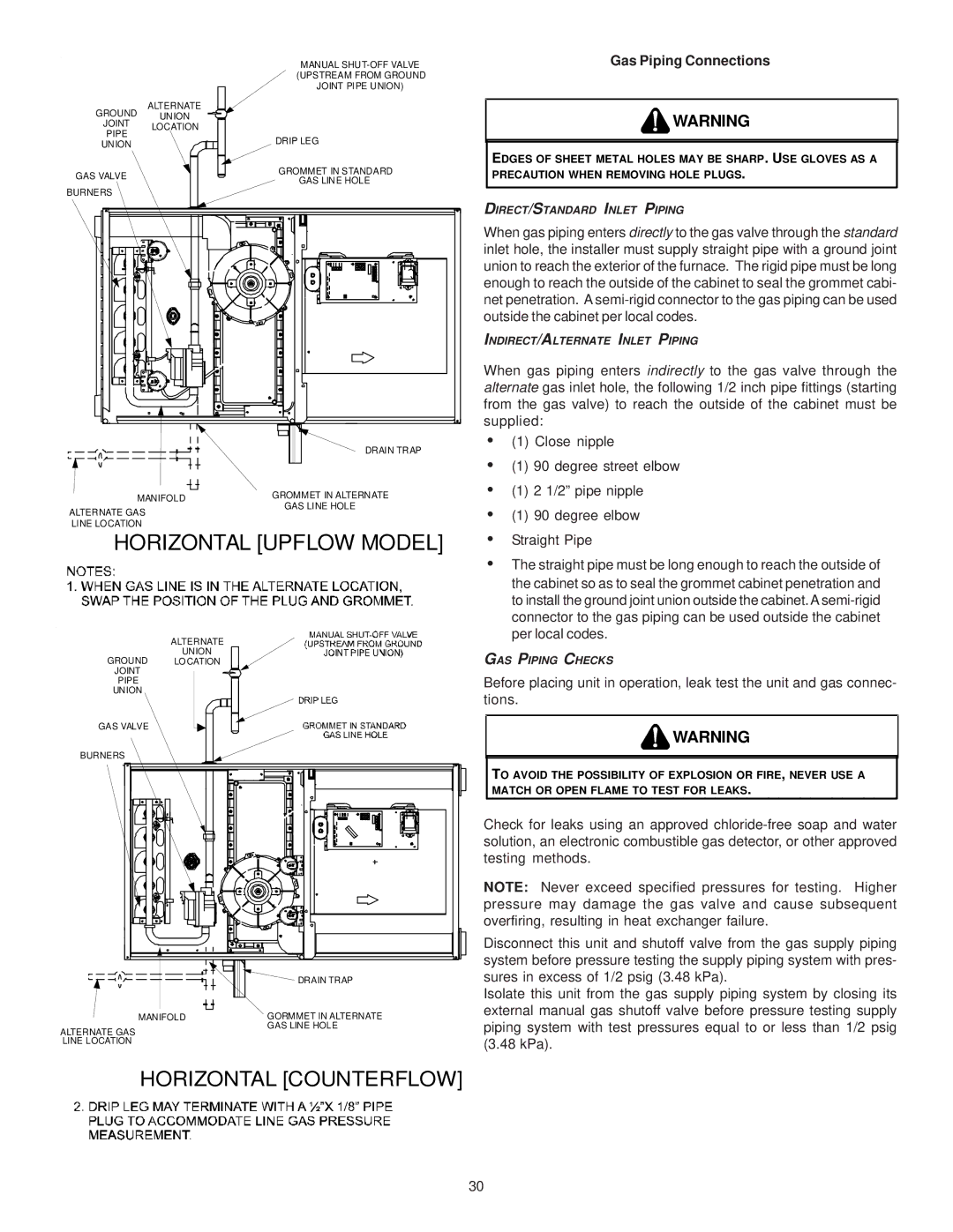 Goodman Mfg MH95/ACSH96/AMEH96/ GCH95/GME95/GCH9 installation instructions Horizontal Upflow Model, Gas Piping Connections 