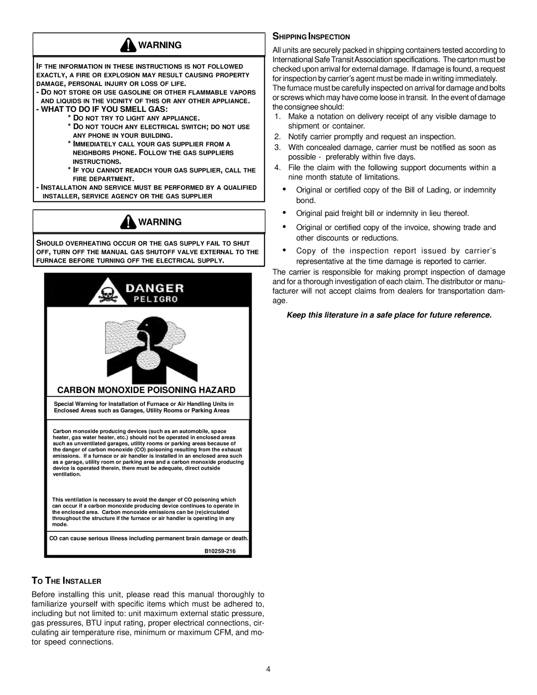 Goodman Mfg MH95/ACSH96/AMEH96/ GCH95/GME95/GCH9, GAS-FIRED WARM AIR FURNACE Carbon Monoxide Poisoning Hazard 