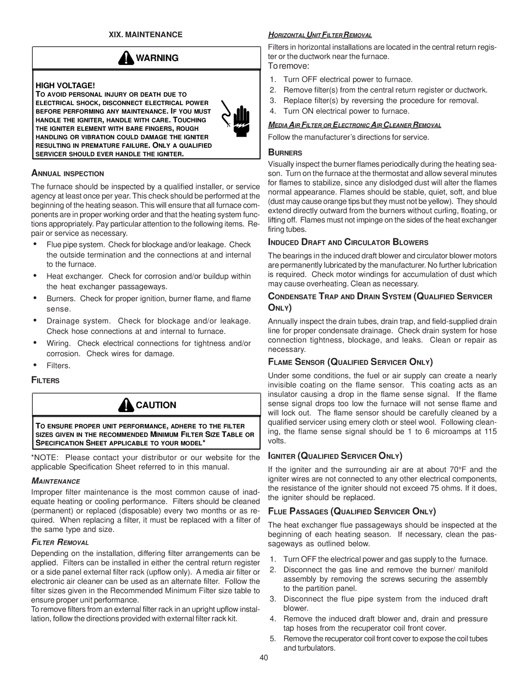 Goodman Mfg MH95/ACSH96/AMEH96/ GCH95/GME95/GCH9, GAS-FIRED WARM AIR FURNACE installation instructions XIX. Maintenance 