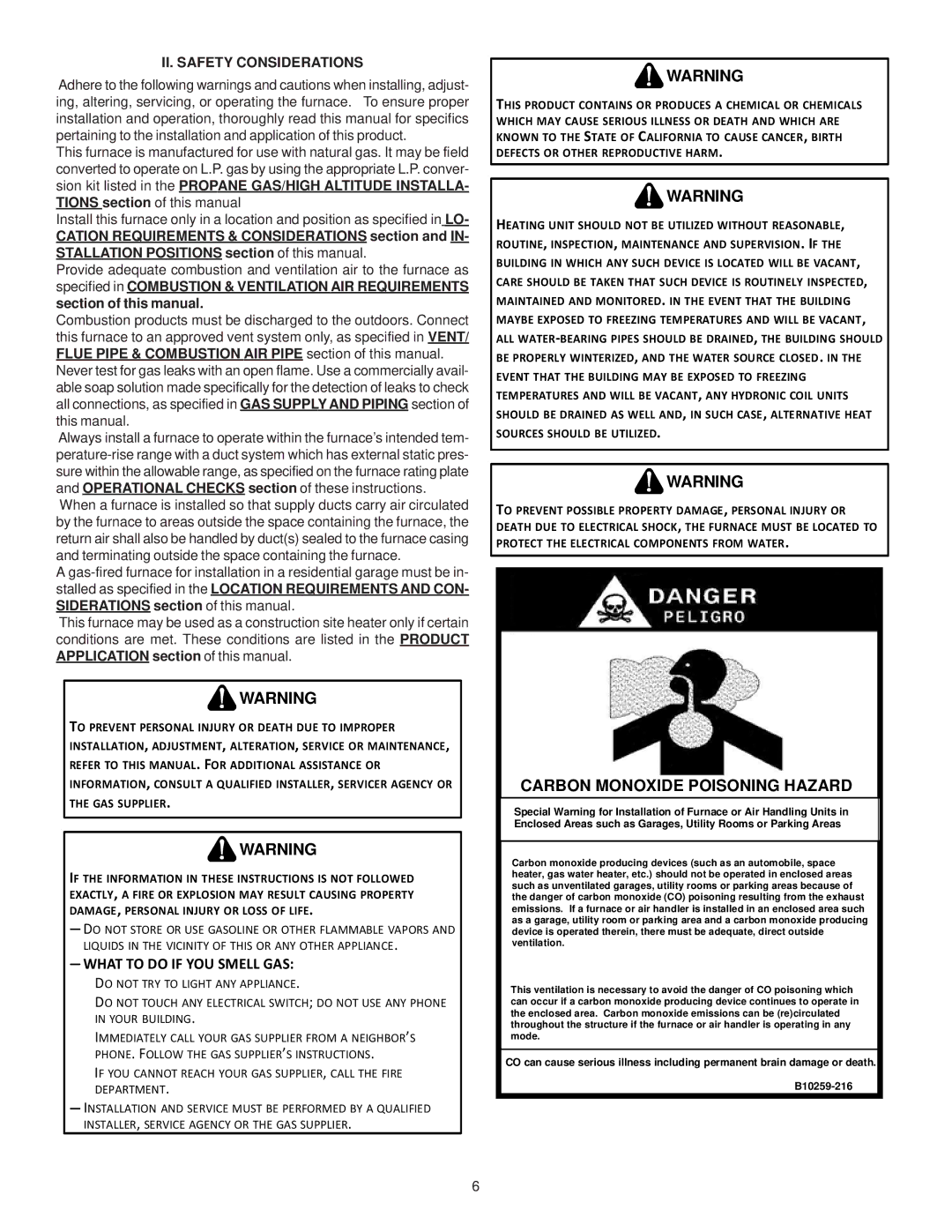 Goodman Mfg MH95/ACSH96/AMEH96/ GCH95/GME95/GCH9 What to do if YOU Smell GAS, II. Safety Considerations 