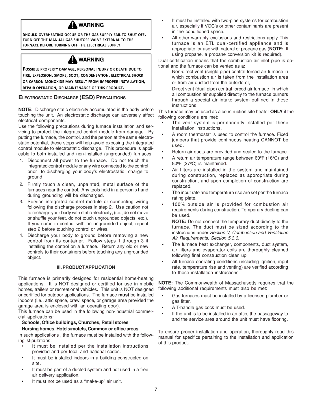 Goodman Mfg GAS-FIRED WARM AIR FURNACE III. Product Application, Electrostatic Discharge ESD Precautions 