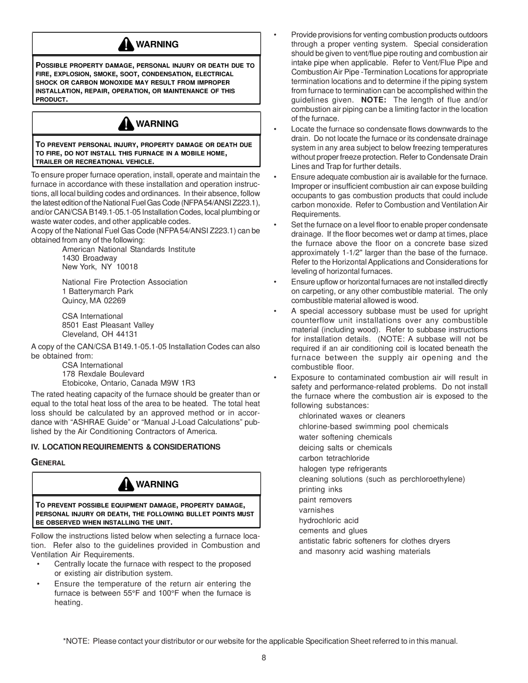 Goodman Mfg MH95/ACSH96/AMEH96/ GCH95/GME95/GCH9 IV. Location Requirements & Considerations, General 