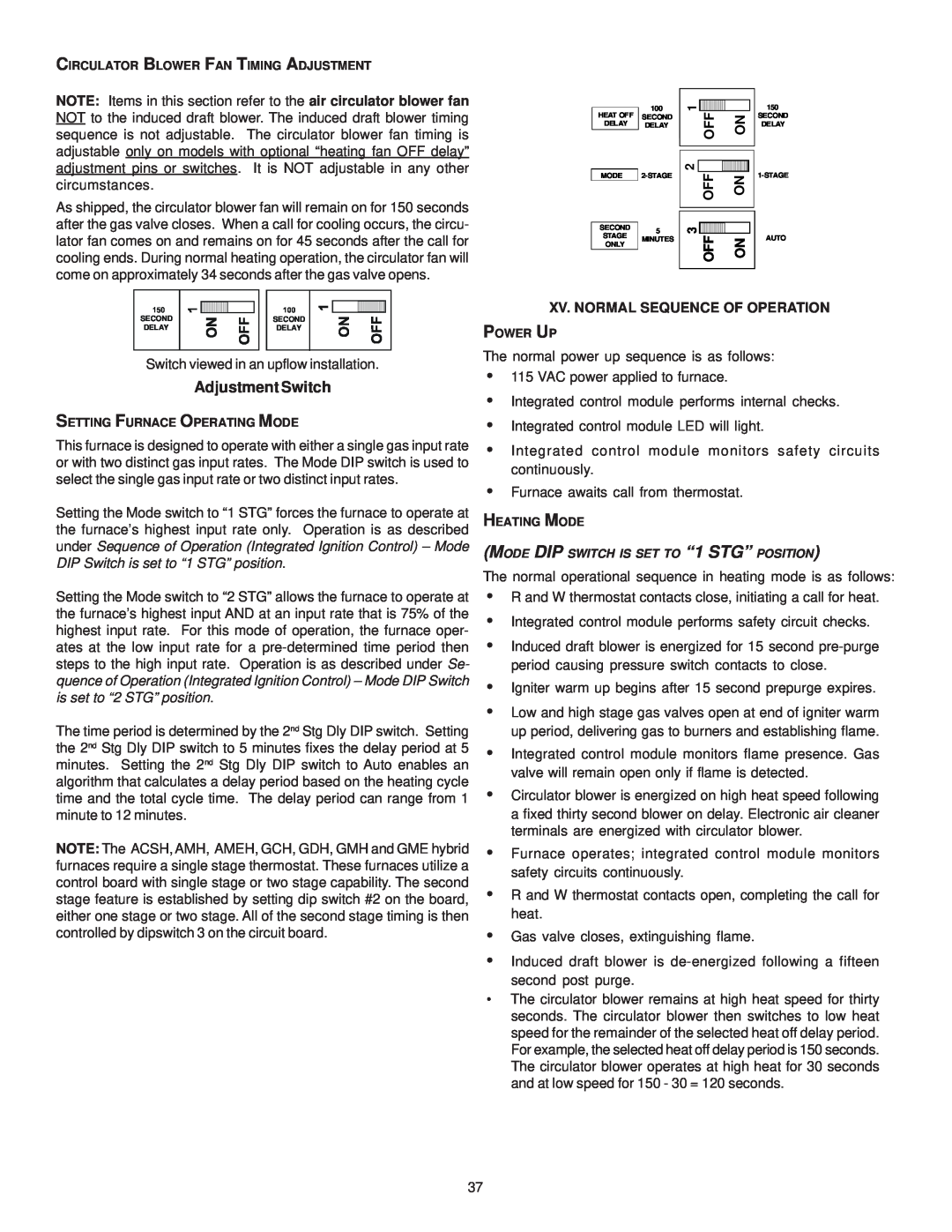 Goodman Mfg GAS-FIRED WARM AIR FURNACE installation instructions Adjustment Switch, Xv. Normal Sequence Of Operation 