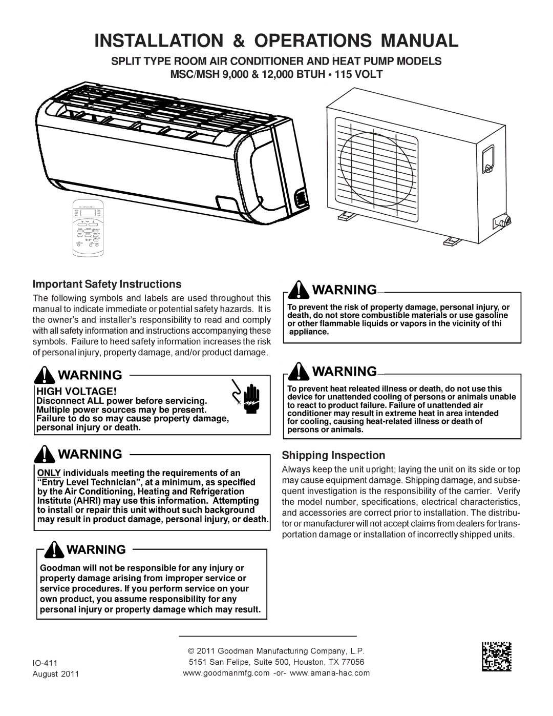 Goodman Mfg 000 &12, MSC/MSH 9 important safety instructions Installation & Operations Manual, Shipping Inspection 