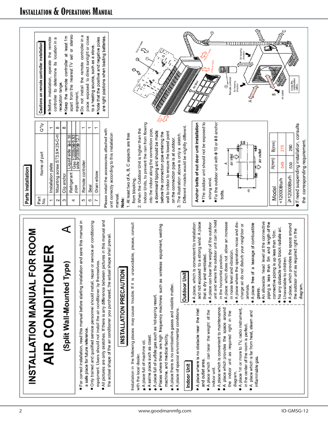 Goodman Mfg MSG-12CRN1, MSG-12HRN1, MSG-18HRN1, MSG-24HRN1, MSG-18CRN1, MSG-24CRN1 Installation & Operations Manual 