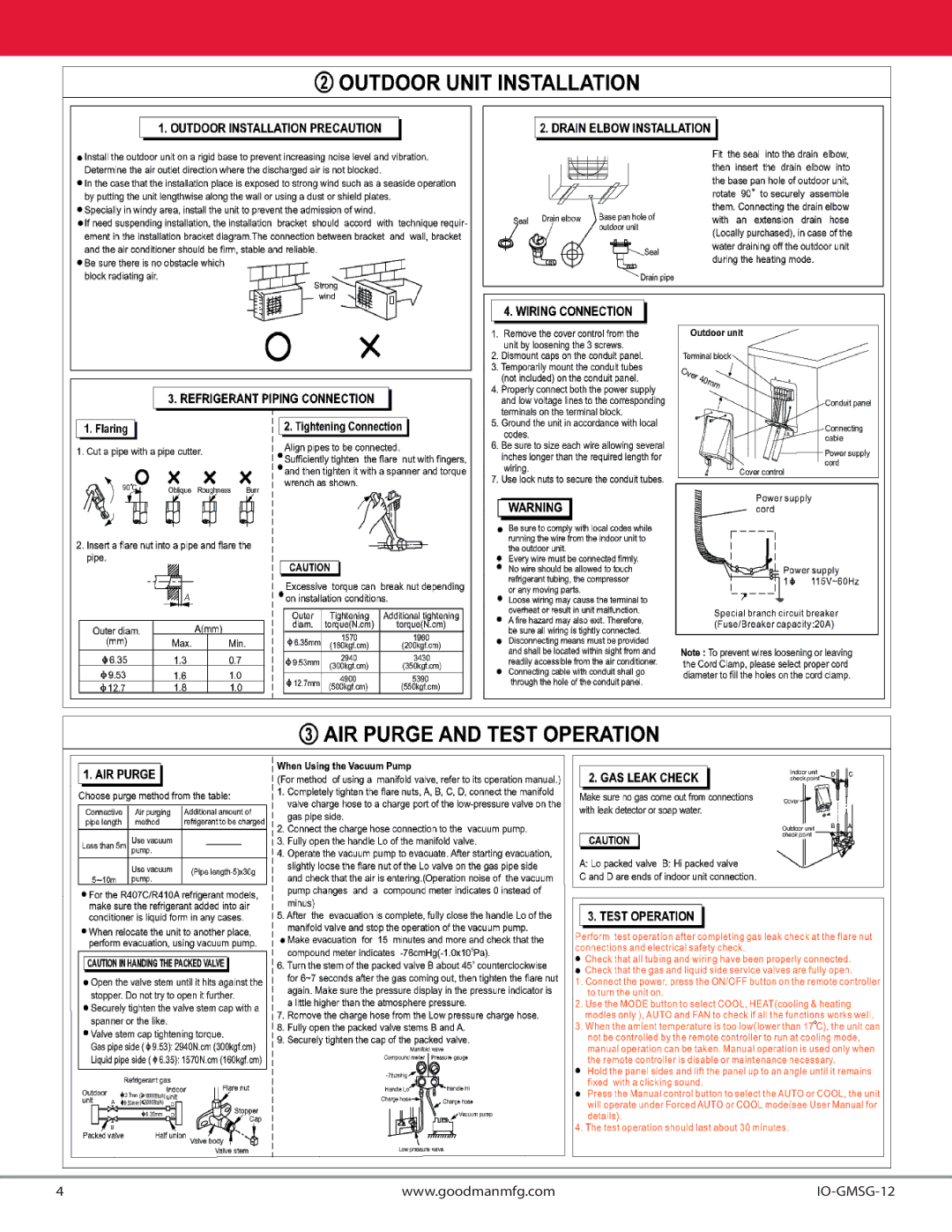 Goodman Mfg MSG-18CRN1, MSG-12HRN1, MSG-18HRN1, MSG-12CRN1, MSG-24HRN1, MSG-24CRN1 installation manual IO-GMSG-12 