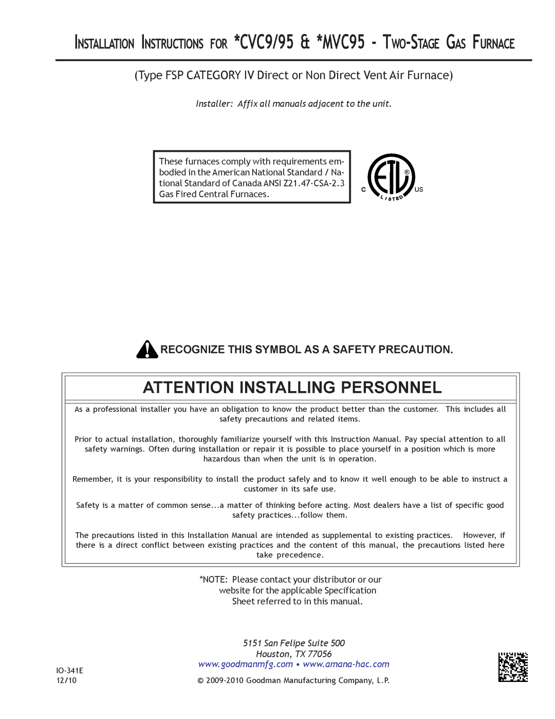 Goodman Mfg CVC9/95, MVC95 installation instructions Type FSP Category IV Direct or Non Direct Vent Air Furnace 