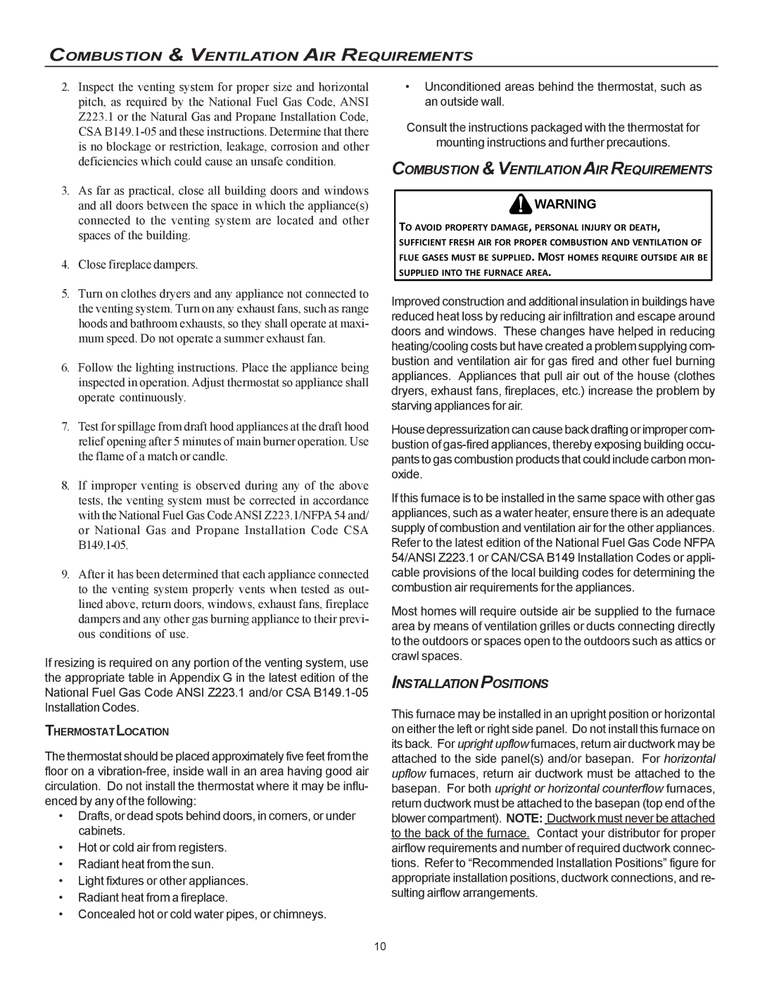 Goodman Mfg MVC95, CVC9/95 Combustion & Ventilation AIR Requirements, Installation Positions, Thermostatlocation 