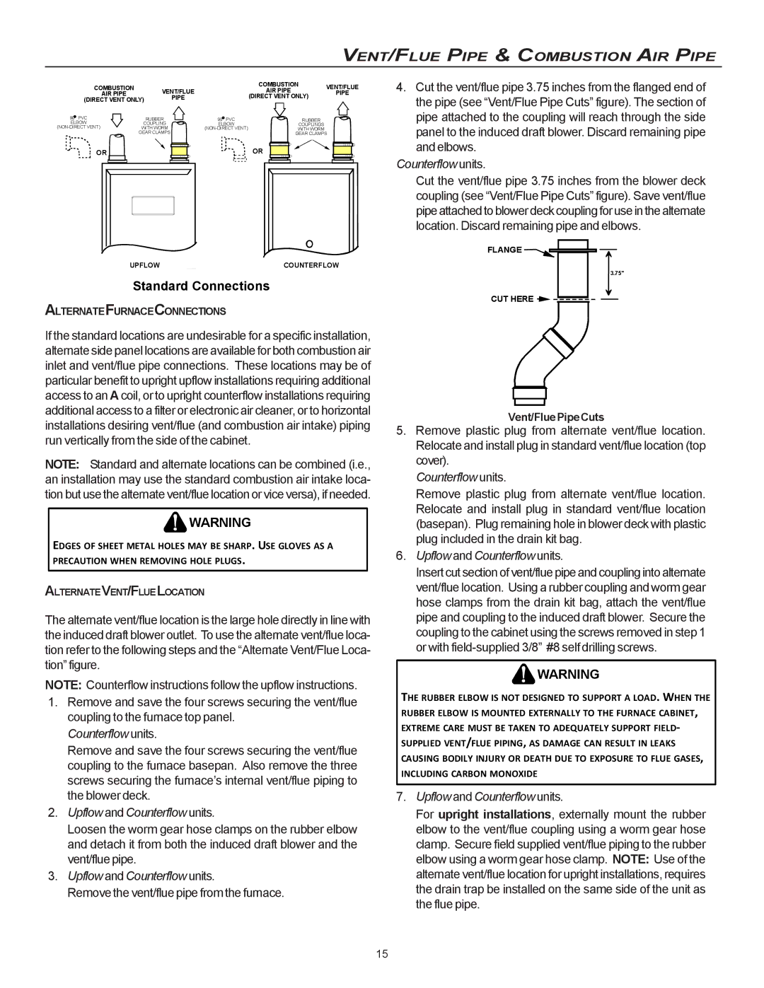 Goodman Mfg CVC9/95, MVC95 installation instructions Vent/FluePipeCuts, Alternatefurnaceconnections 