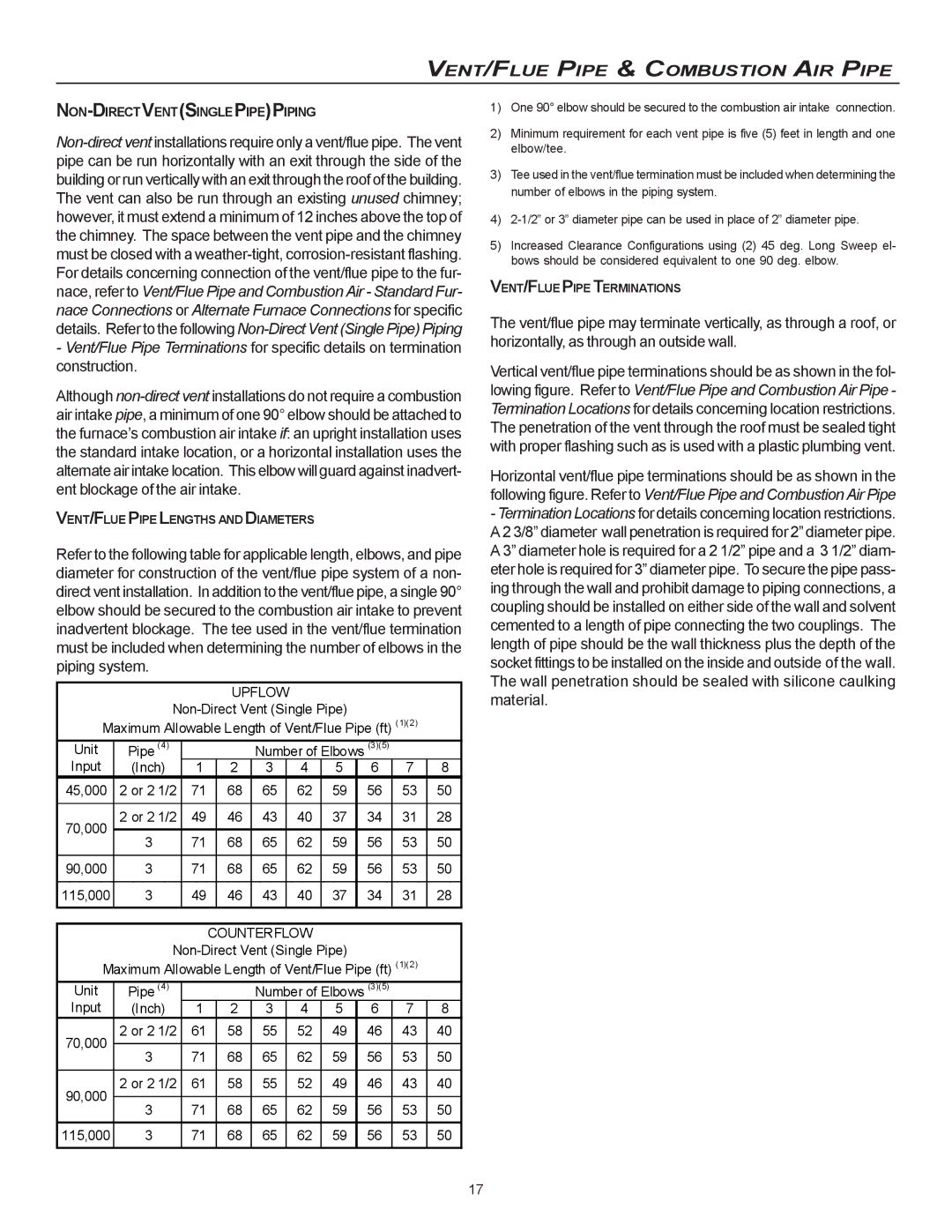 Goodman Mfg CVC9/95, MVC95 installation instructions Upflow, Non-Directventsinglepipepiping 