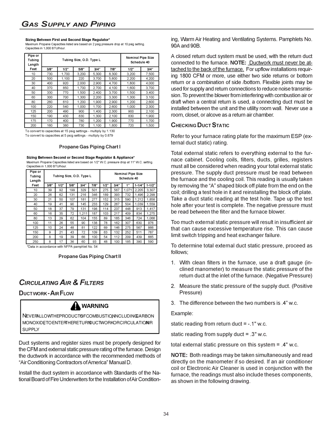 Goodman Mfg MVC95, CVC9/95 Circulating AIR & Filters, Propane Gas Piping Chart, Duct Work -AIR Flow, Checking Duct Static 