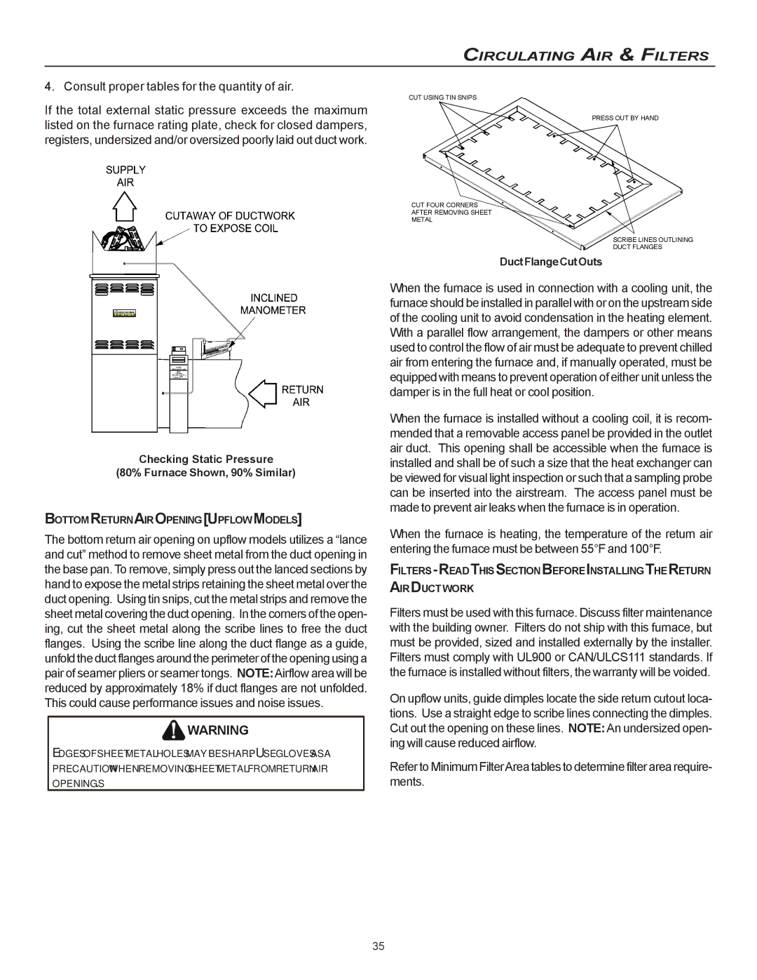 Goodman Mfg CVC9/95 Consult proper tables for the quantity of air, Checking Static Pressure 80% Furnace Shown, 90% Similar 