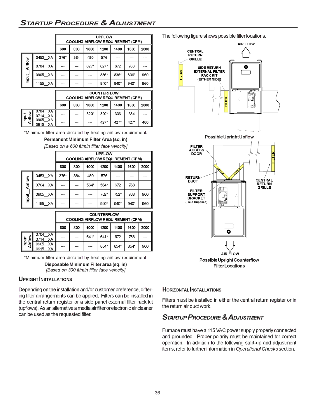 Goodman Mfg MVC95, CVC9/95 Startup Procedure & Adjustment, Following figure shows possible filter locations 