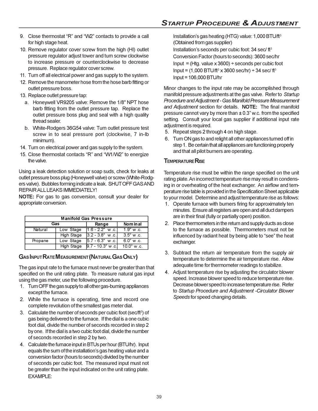 Goodman Mfg CVC9/95, MVC95 installation instructions Gasinputratemeasurementnaturalgasonly, Temperaturerise 