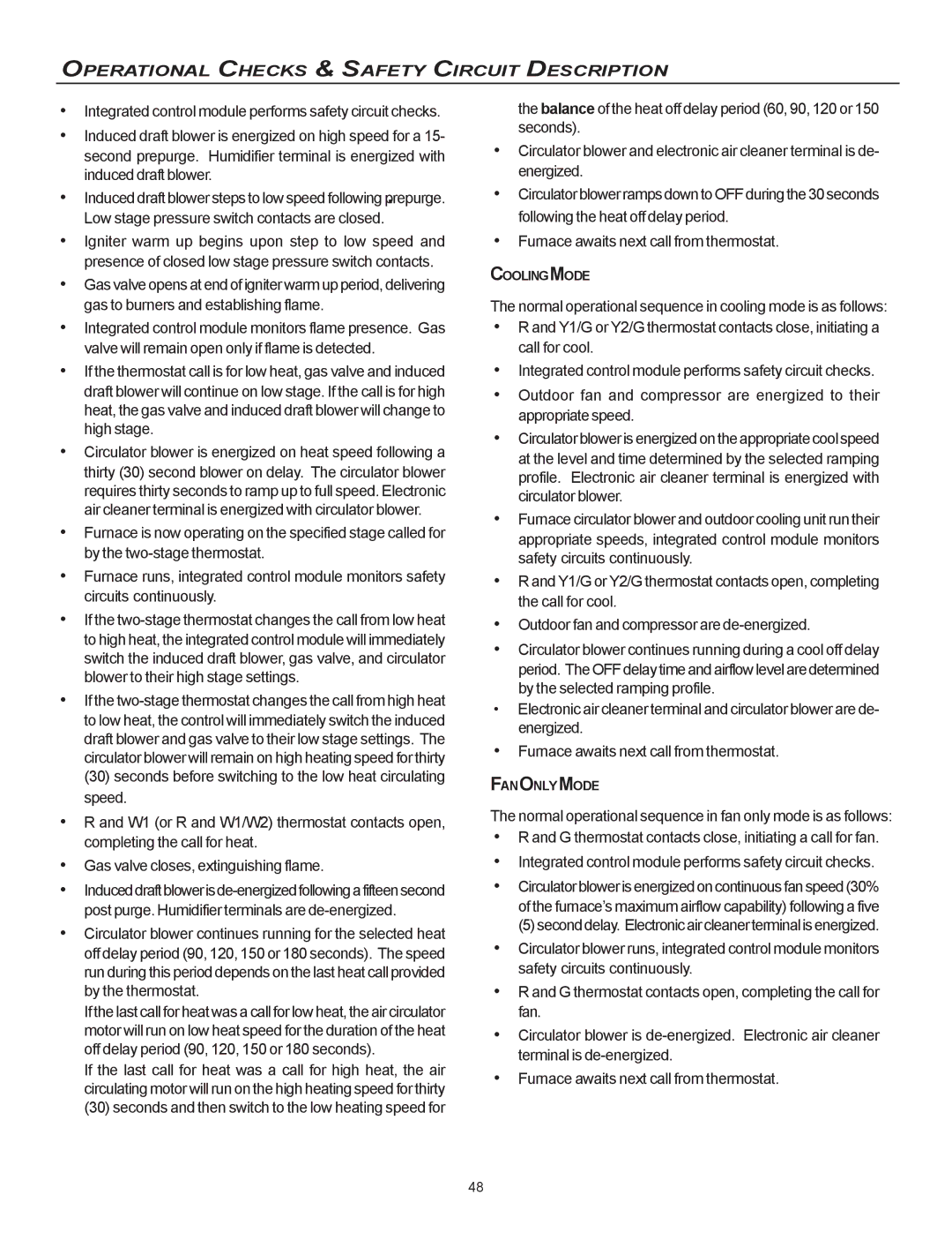 Goodman Mfg MVC95, CVC9/95 Operational Checks & Safety Circuit Description, Coolingmode, Fanonlymode 