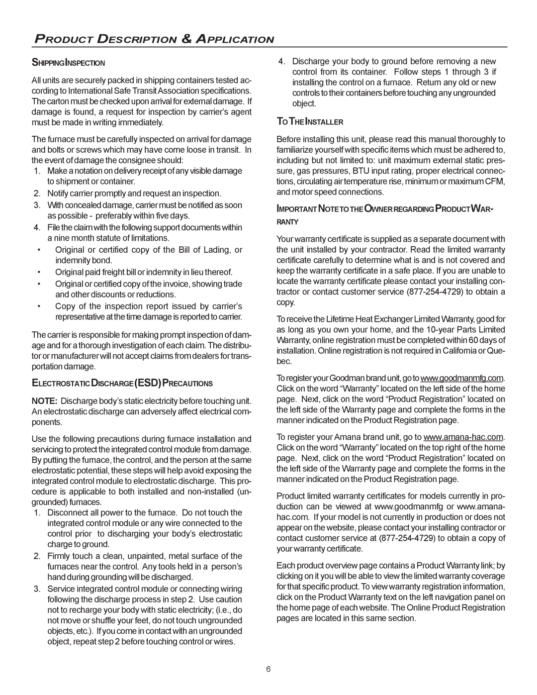 Goodman Mfg MVC95, CVC9/95 Product Description & Application, Shippinginspection, Electrostaticdischargeesdprecautions 