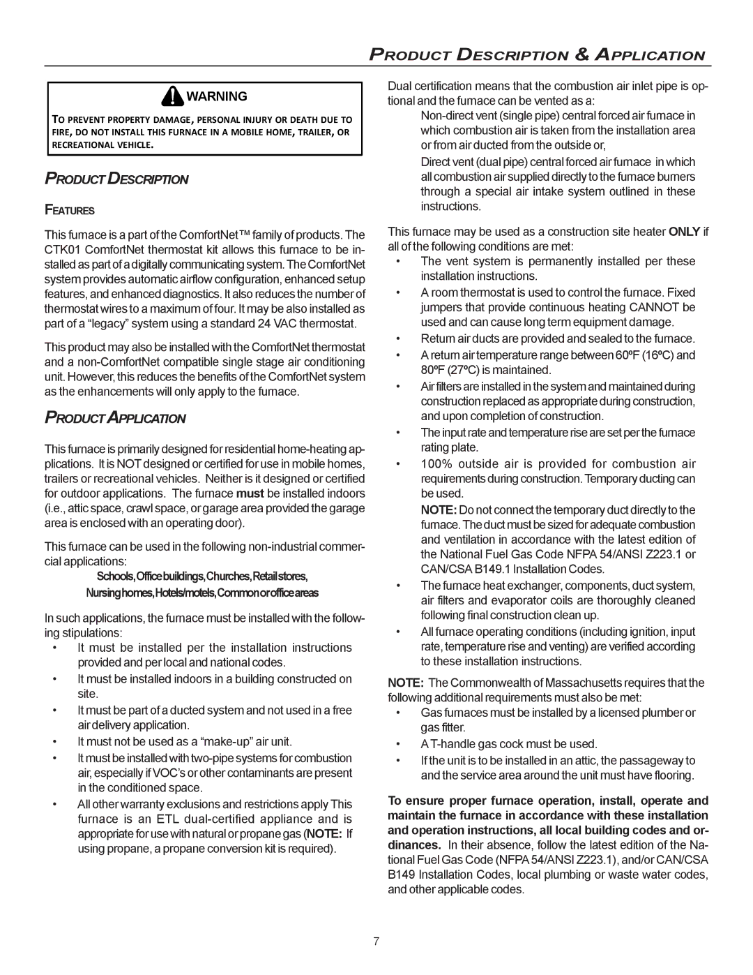 Goodman Mfg CVC9/95, MVC95 installation instructions Product Description, Productapplication, Features 