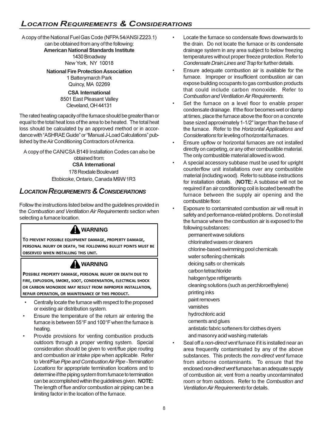 Goodman Mfg MVC95, CVC9/95 installation instructions Location Requirements & Considerations 