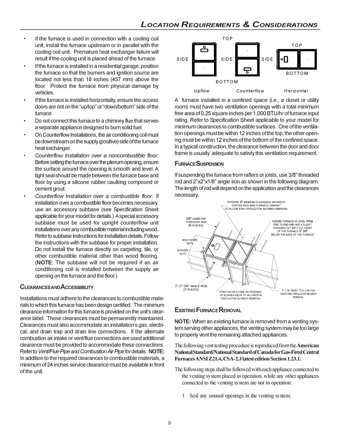 Goodman Mfg CVC9/95, MVC95 installation instructions Clearancesandaccessibility, Furnacesuspension, Existingfurnaceremoval 