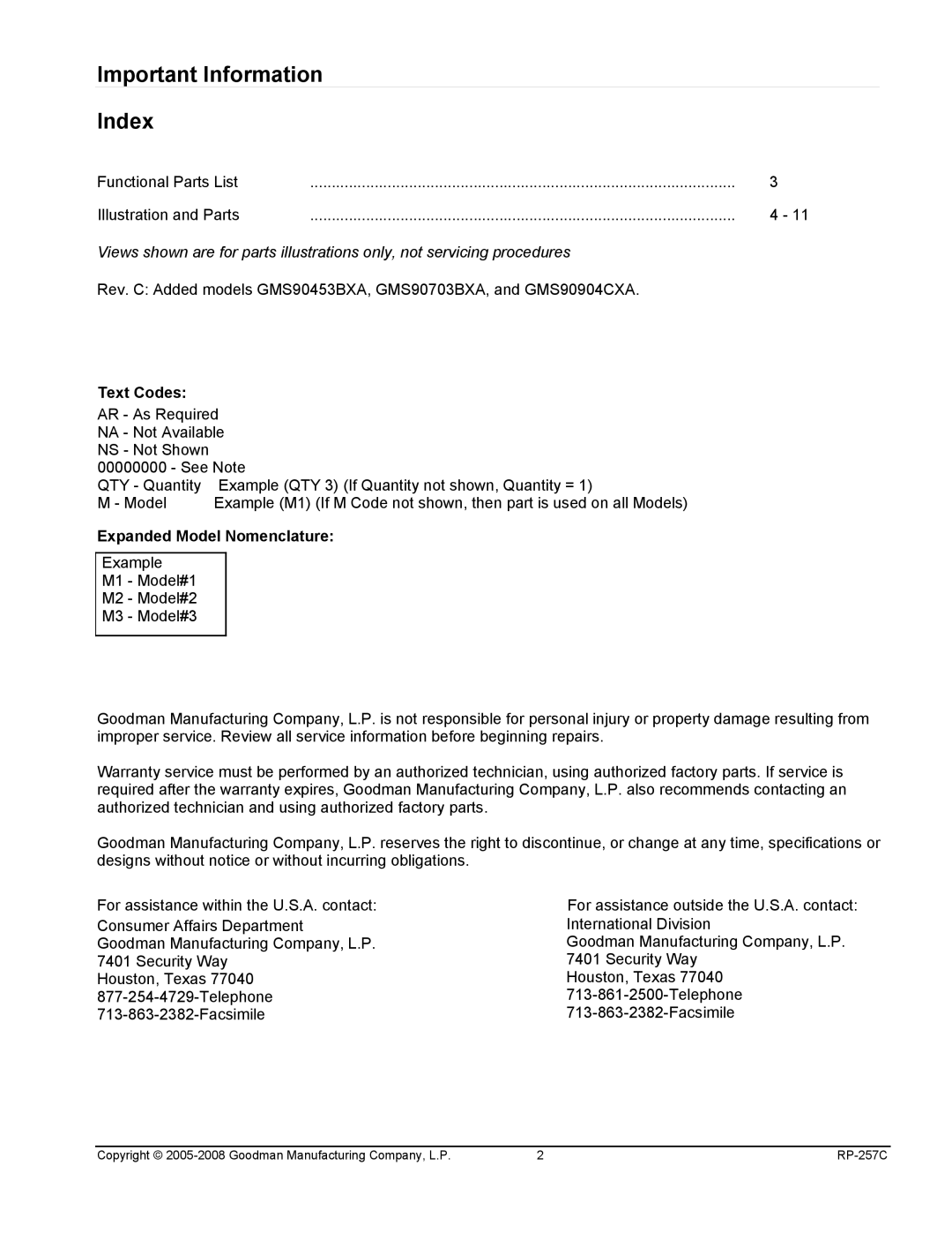 Goodman Mfg P1256804F, P1256808F, GMS90453BXA, GMS91155DXA Text Codes, Expanded Model Nomenclature, International Division 