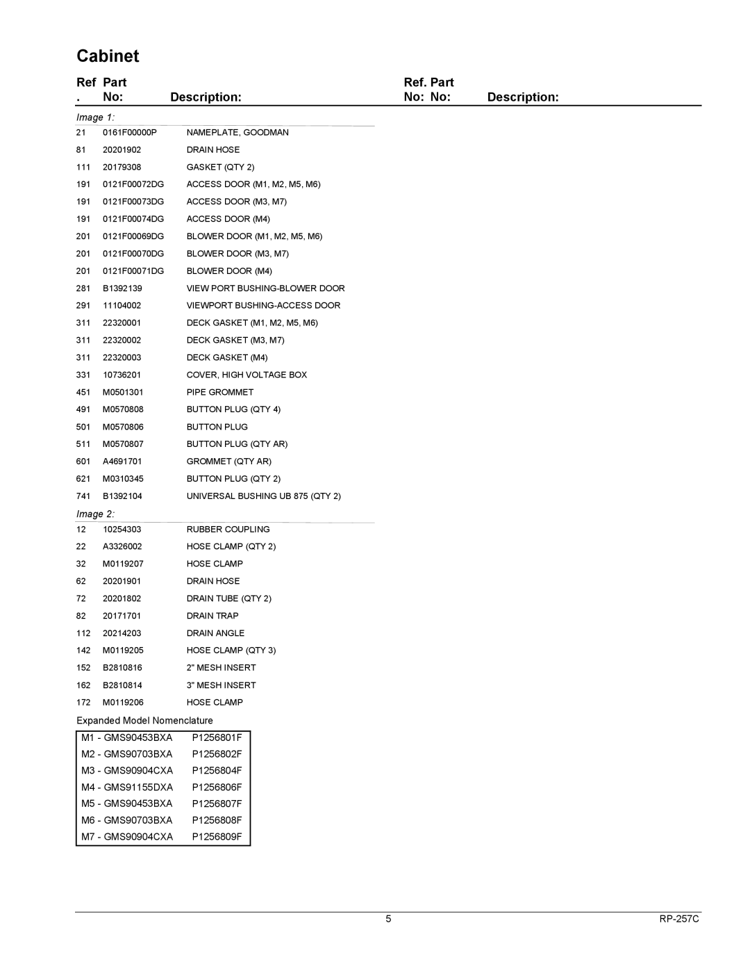 Goodman Mfg P1256809F, P1256808F, GMS90453BXA, P1256804F, GMS91155DXA, P1256802F manual Part Ref. Part Description No No, Image 