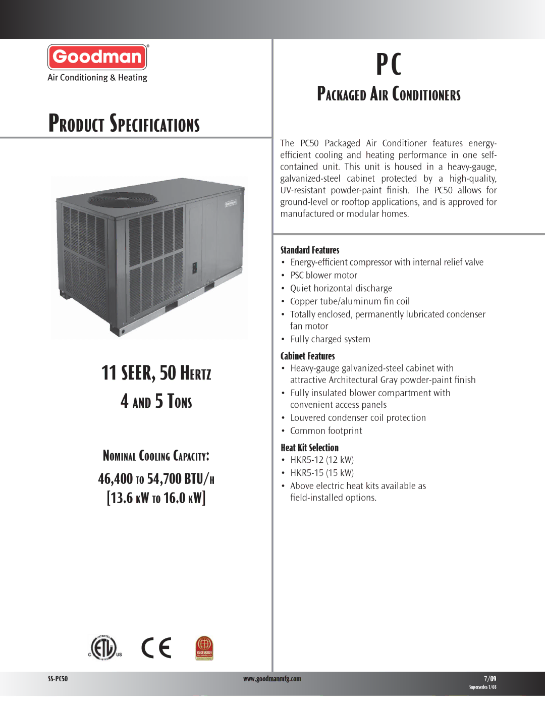 Goodman Mfg PC50 specifications SEER, 50 Hertz 