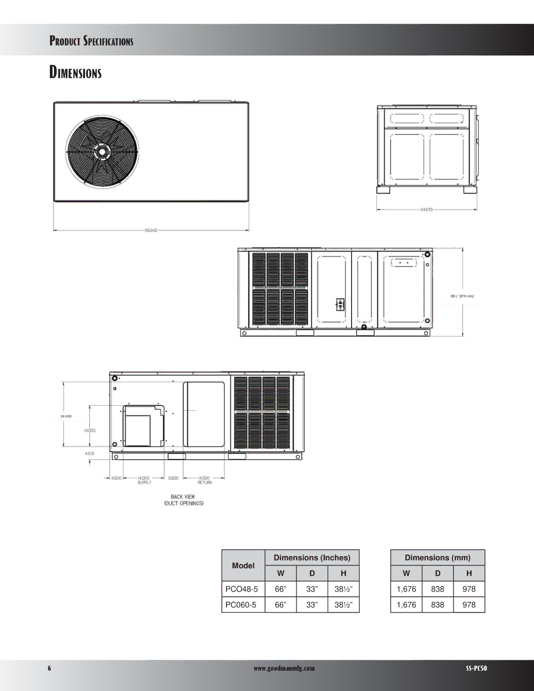 Goodman Mfg PC50 specifications Model Dimensions Inches, Dimensions mm 