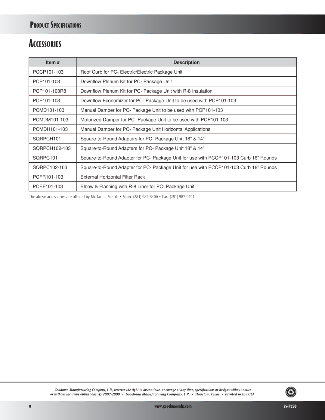 Goodman Mfg PC50 specifications Accessories, Item # Description 